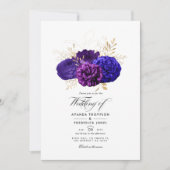 ヴィンテージパープル王室の、ブルーおよび金ゴールドフローラの結婚数 招待状 (正面)