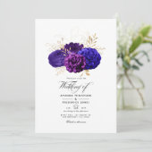 ヴィンテージパープル王室の、ブルーおよび金ゴールドフローラの結婚数 招待状 (スタンド正面)