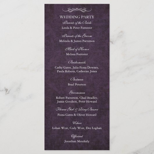 ヴィンテージパープル素朴ダマスク結婚式プログラム プログラム (裏面)