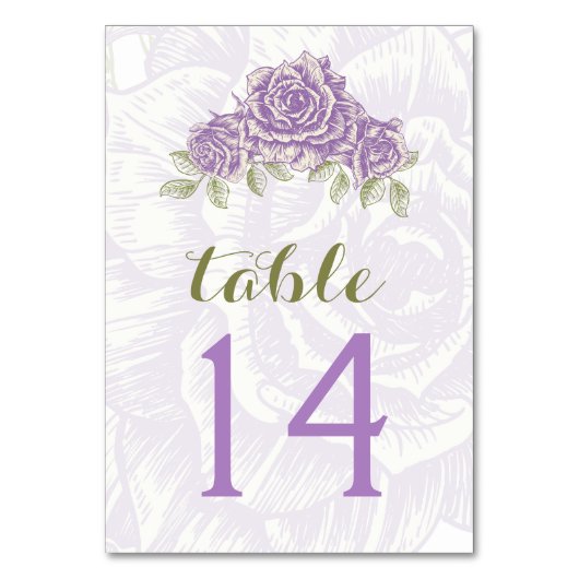 ヴィンテージパープル結婚バラのテーブル番号カード テーブルナンバー (正面)