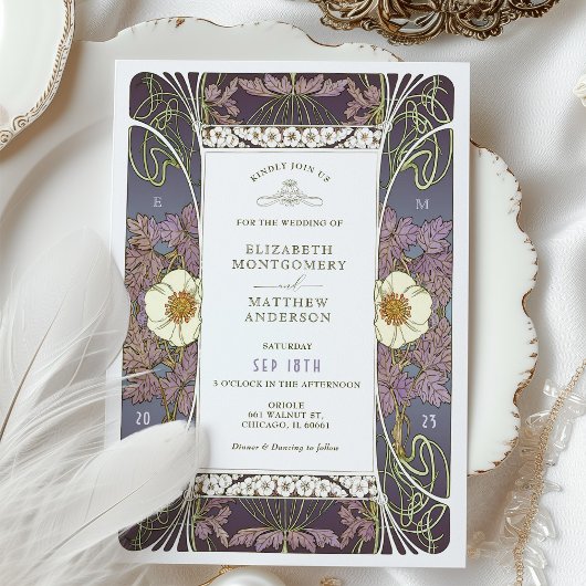 ヴィンテージパープル結婚式招待状アールヌーボー 招待状