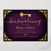 ヴィンテージパープル金ゴールド鍵引っ越し祝いパーティーパーティー 箔招待状 (正面)