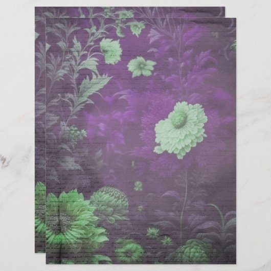 ヴィンテージパープル&クリームフローラスクラップブック紙 (正面/裏面)