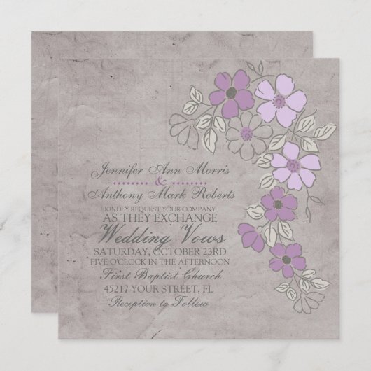 ヴィンテージパープル&グレーフローラ結婚式招待状 招待状 (正面/裏面)