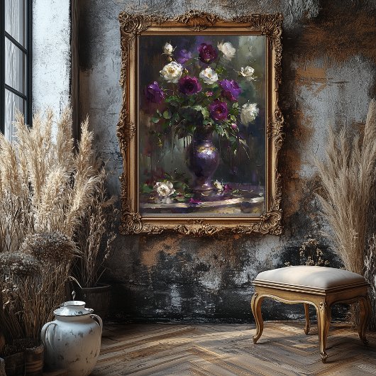 ヴィンテージパープル&ホワイトローズブーケファインアート キャンバスプリント