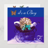 ヴィンテージパーム、花、蝶の男の赤ちゃんシャワー 招待状 (正面/裏面)