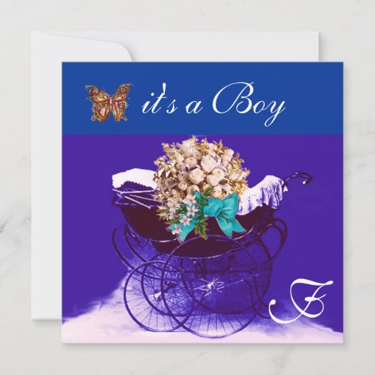 ヴィンテージパーム、花、蝶の男の赤ちゃんシャワー 招待状 (正面)