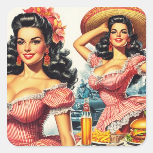 ヴィンテージヒスパニックウーマンイラストレーション スクエアシール (正面)