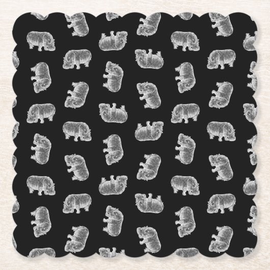 ヴィンテージヒッポプリントパターンヒッポタムスアートブラック ペーパーコースター (正面)