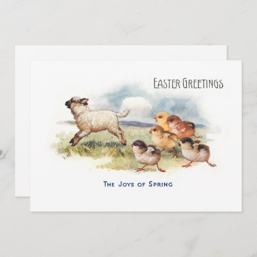 ヴィンテージヒツジとヒヨコの復活祭の挨拶 シーズンカード (正面/裏面)