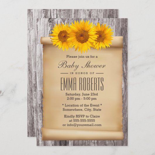 ヴィンテージヒマワリ古木木赤ちゃんシャワー 招待状 (正面/裏面)