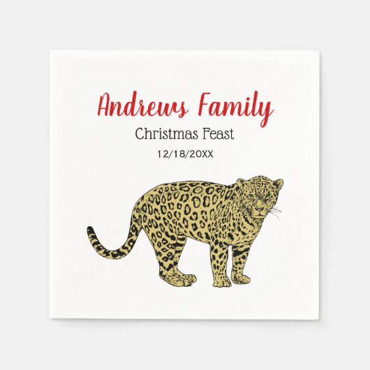 ヴィンテージヒョウ・チーター斑点のある猫スケッチ スタンダードカクテルナプキン (正面)