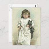 ヴィンテージビクトリアンと猫の寝巻きを着た少女 ポストカード (正面/裏面)
