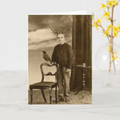 ヴィンテージビクトリアンと〔雄ジカの〕枝角の少年風変わり カード (黄色い花)