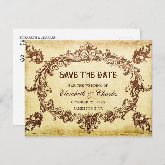 ヴィンテージビクトリアンなフレームの結婚式の保存日付 案内ポストカード (正面/裏面)