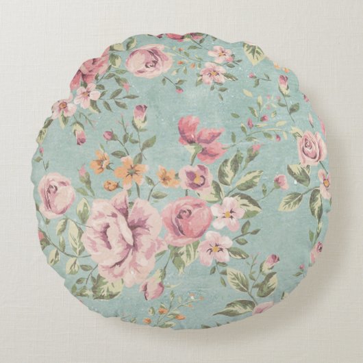 ヴィンテージビクトリアンのシック淡い色のブルーフローラ赤 ラウンドクッション (正面)