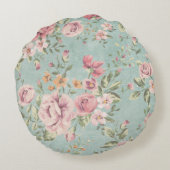 ヴィンテージビクトリアンのシック淡い色のブルーフローラ赤 ラウンドクッション (裏面)