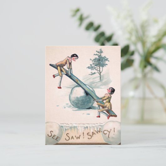 ヴィンテージビクトリアンの人形シーソークリスマス ポストカード (スタンド正面)