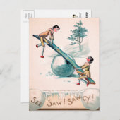 ヴィンテージビクトリアンの人形シーソークリスマス ポストカード (正面/裏面)