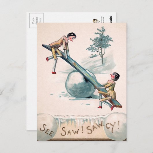 ヴィンテージビクトリアンの人形シーソークリスマス ポストカード (正面/裏面)