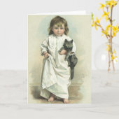 ヴィンテージビクトリアンの猫とナイトガウンを着た少女 カード (黄色い花)