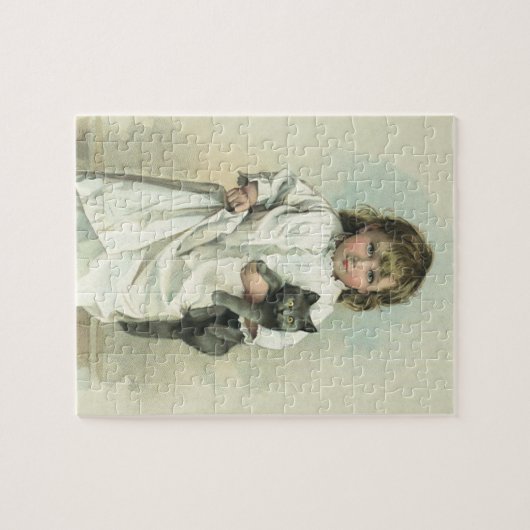 ヴィンテージビクトリアンの猫とナイトガウンを着た少女 ジグソーパズル (横)