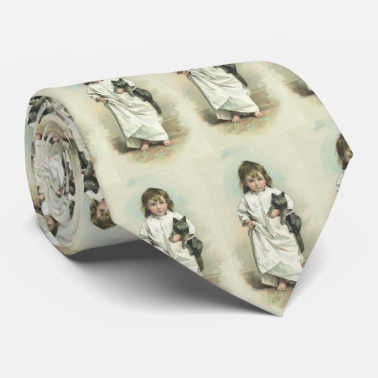 ヴィンテージビクトリアンの猫とナイトガウンを着た少女 ネクタイ (ロール)