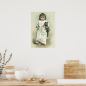 ヴィンテージビクトリアンの猫とナイトガウンを着た少女 ポスター (キッチン)