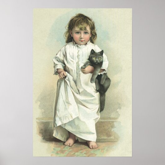 ヴィンテージビクトリアンの猫とナイトガウンを着た少女 ポスター (正面)