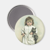 ヴィンテージビクトリアンの猫とナイトガウンを着た少女 マグネット (正面/裏面)