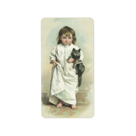 ヴィンテージビクトリアンの猫とナイトガウンを着た少女 ラベル (正面)