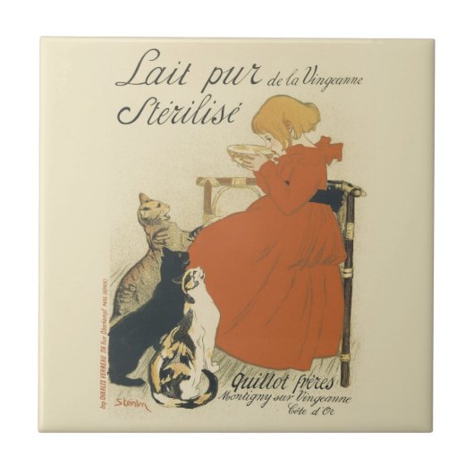 ヴィンテージビクトリアンアールヌーボー、乳猫を連れた少女 タイル (正面)