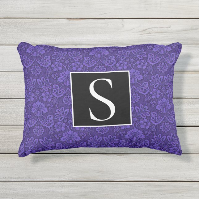 ヴィンテージビクトリアンインディゴダマスクペイズリーフローラ アウトドアクッション (正面)