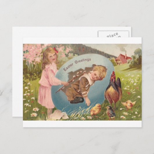 ヴィンテージビクトリアンイースターガール&ボーイ シーズンポストカード (正面/裏面)