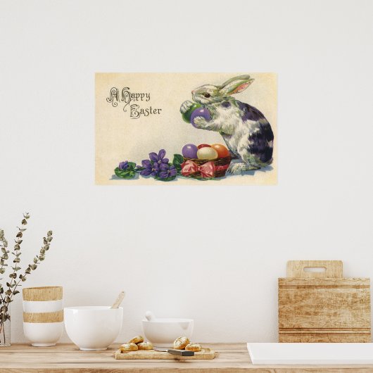 ヴィンテージビクトリアンイースターバニーとイースターエッグ ポスター (キッチン)