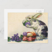 ヴィンテージビクトリアンイースターバニー、花と卵 シーズンポストカード (正面/裏面)