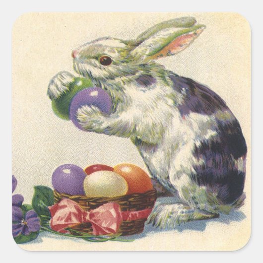 ヴィンテージビクトリアンイースターバニー、花と卵 スクエアシール (正面)