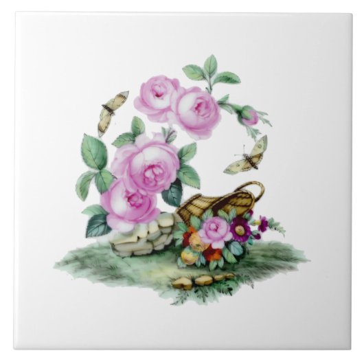 ヴィンテージビクトリアンエラフラワーカ絵を描スケット タイル (正面)