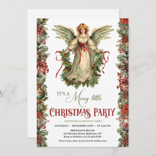 ヴィンテージビクトリアンエンジェルとクリスマスリース 招待状 (正面/裏面)