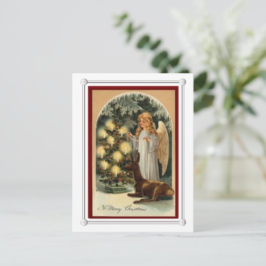 ヴィンテージビクトリアンエンジェルクリスマスの木と動物 シーズンポストカード (スタンド正面)