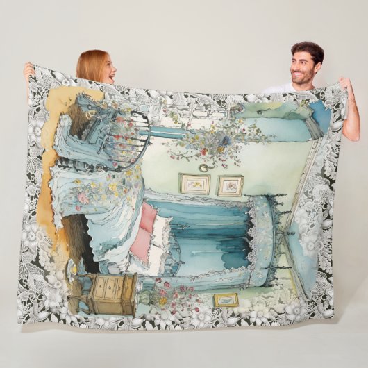 ヴィンテージビクトリアンキャノピーベッドのレースの背景 フリースブランケット (インサイチュ)