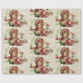 ヴィンテージビクトリアンクリスマスかわいい女の子ピンクの花 ラッピングペーパー (フラット)