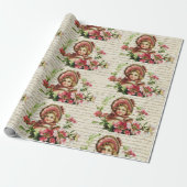 ヴィンテージビクトリアンクリスマスかわいい女の子ピンクの花 ラッピングペーパー (アンロールド)