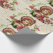 ヴィンテージビクトリアンクリスマスかわいい女の子ピンクの花 ラッピングペーパー (角)