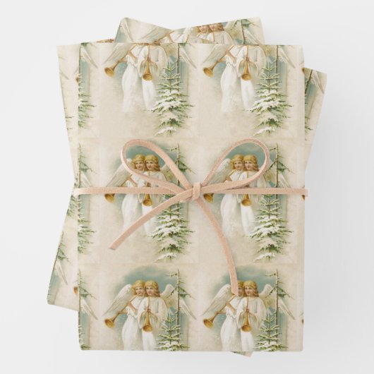 ヴィンテージビクトリアンクリスマスの天使と木 ラッピングペーパーシート (インサイチュ)