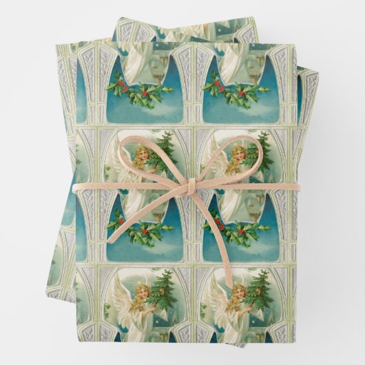 ヴィンテージビクトリアンクリスマスエンジェルとツリーブルー ラッピングペーパーシート (インサイチュ)