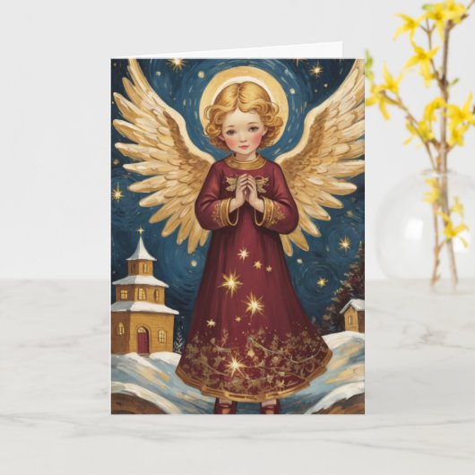 ヴィンテージビクトリアンクリスマスエンジェルスターリーナイト カード (黄色い花)