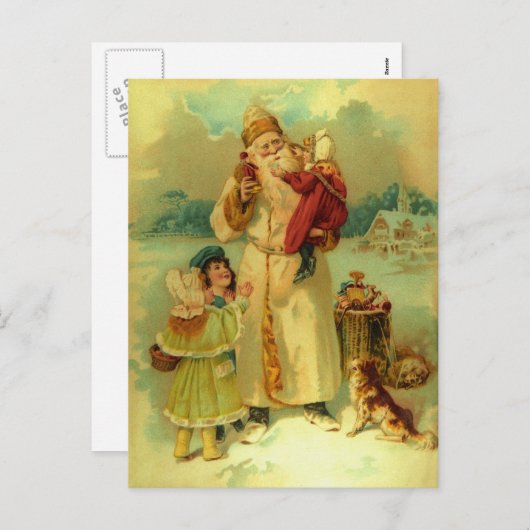 ヴィンテージビクトリアンクリスマスサンタクロース子供の子犬 シーズンポストカード (正面/裏面)