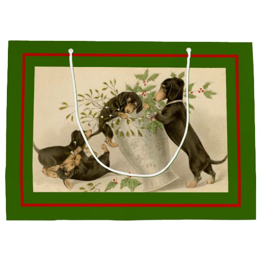 ヴィンテージビクトリアンクリスマスダッシュント犬グリーン ラージペーパーバッグ (裏面)