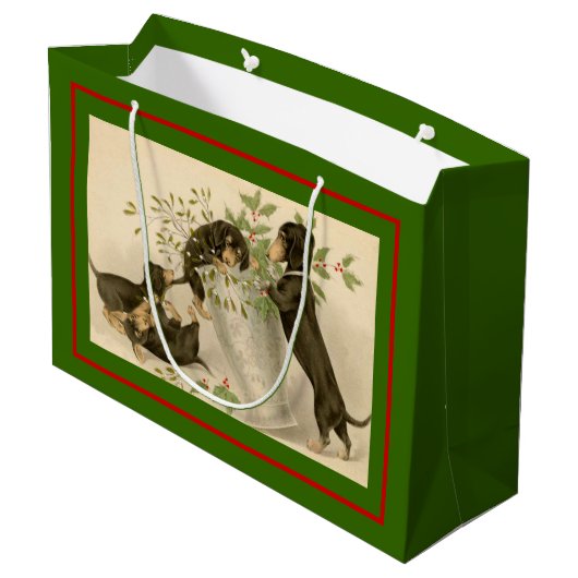 ヴィンテージビクトリアンクリスマスダッシュント犬グリーン ラージペーパーバッグ (裏面アングル)